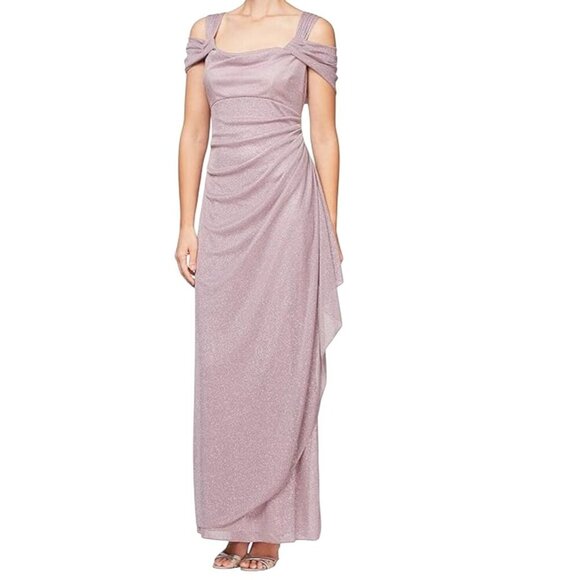 Alex Evenings Mauve Patty Dress Sparkle Draped Gown Cold-Shoulder Size 16 Wear - Picture 1 of 11